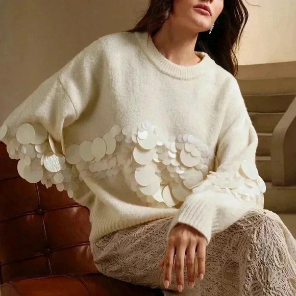 Apricot Casual Women's Handmade Beaded & Sequined Delicate Pullover Sweater - Picture 5 of 7